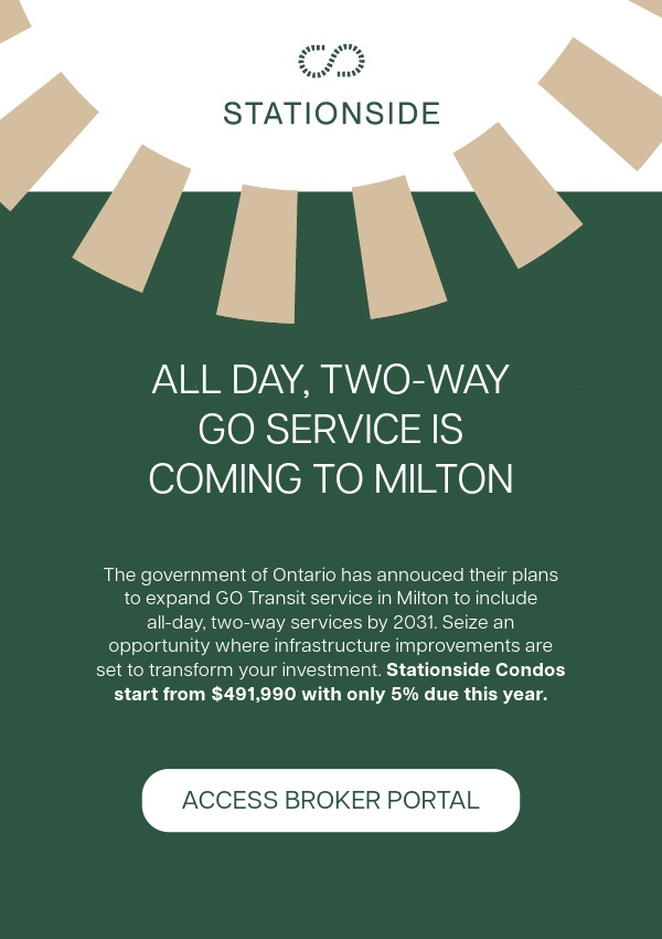 The government of Ontario has annouced their plans to expand GO Transit service in Milton to include all-day, two-way services by 2031. Seize an opportunity where infrastructure improvements are set to transform your investment. Stationside Condos start from $491,990 with only 5% due this year.